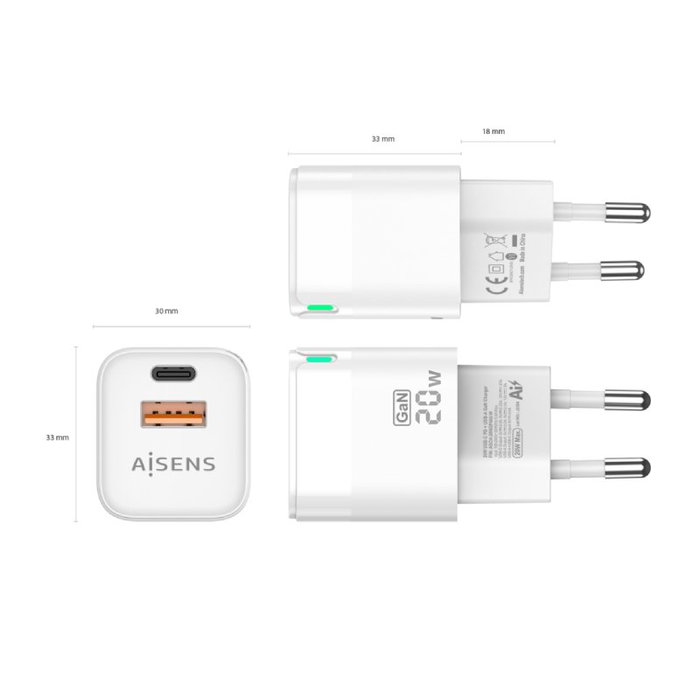 AISENS Cargador GaN 20W con USB-C PD3.0 y USB-A QC3.0 Blanco AISENS Cargador GaN 20W con USB-C PD3.0 y USB-A QC3.0 Blanco